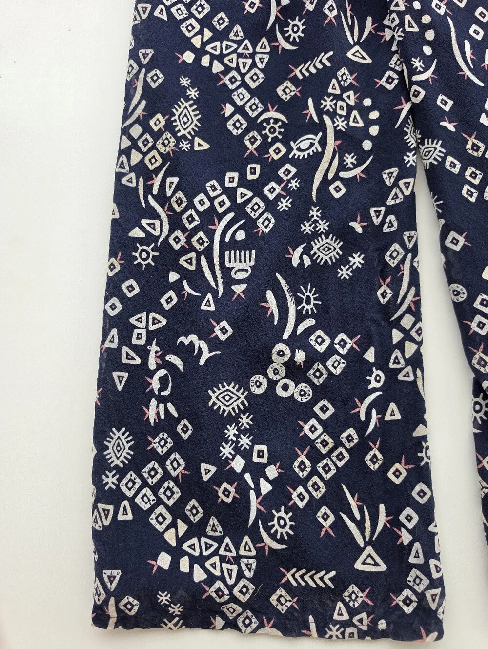 Tory Burch Silk Navy Blue Geometric Tribal Print Wide Leg Jumpsuit